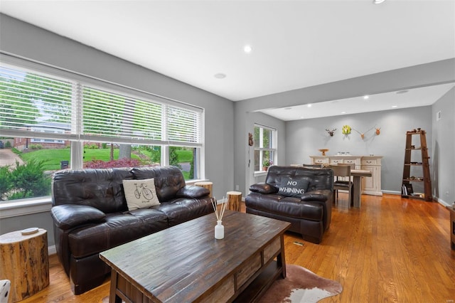 living room featuring wood finished floors, baseboards, and recessed lighting