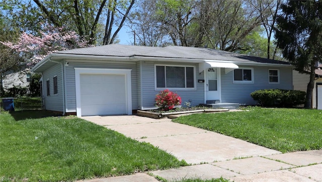 ranch-style house featuring a front yard, a garage, and driveway