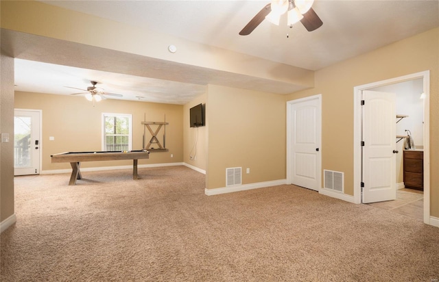 rec room with billiards, ceiling fan, and visible vents