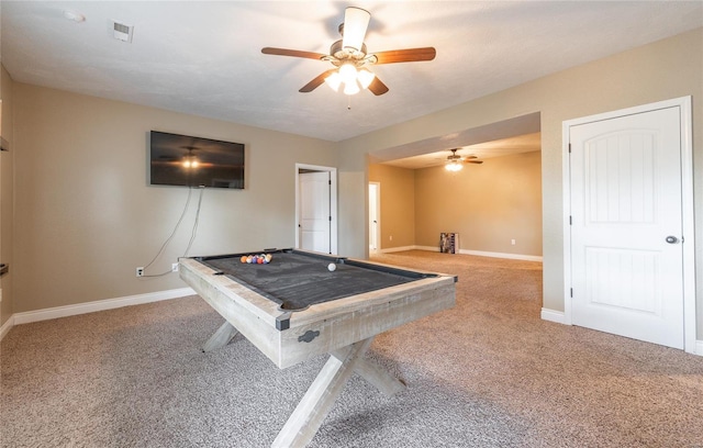 game room featuring visible vents, a ceiling fan, carpet, and pool table