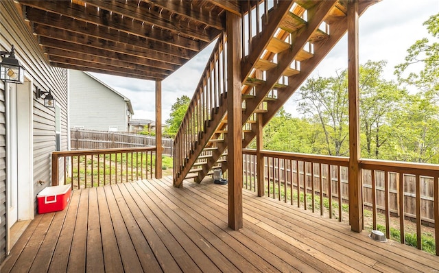 wooden deck featuring stairs and a fenced backyard