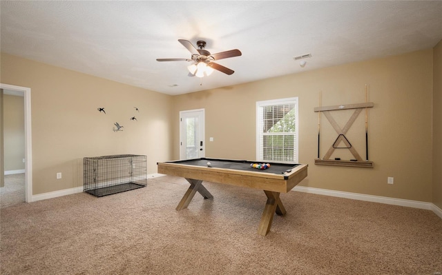 playroom with billiards, baseboards, carpet, and a ceiling fan