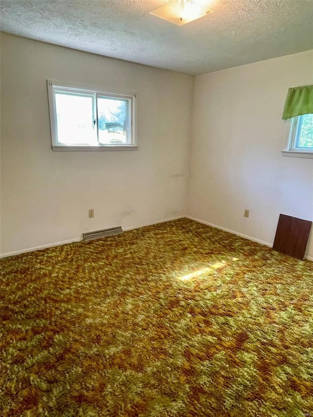 spare room featuring visible vents, carpet floors, and a textured ceiling