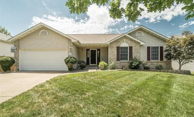 ranch-style house with a garage, driveway, and a front lawn