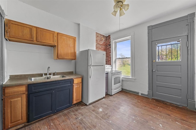 kitchen featuring a sink, white appliances, brown cabinetry, a ceiling fan, and wood finished floors