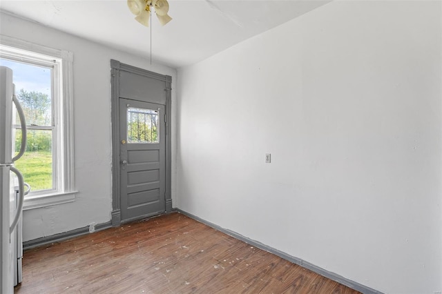 entryway with baseboards, ceiling fan, wood finished floors, and a wealth of natural light
