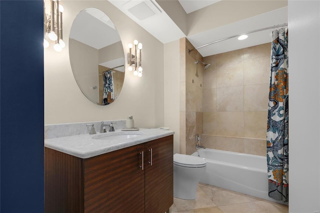 bathroom featuring vanity, toilet, tile patterned floors, shower / bath combination with curtain, and visible vents