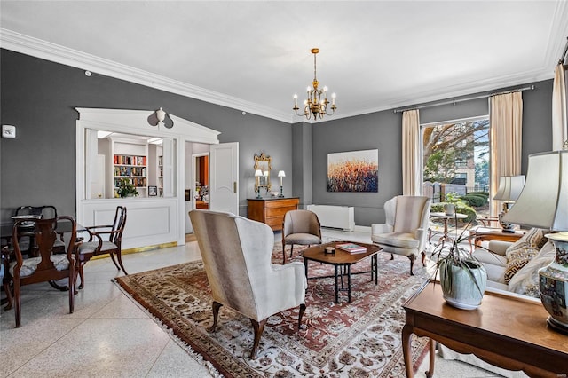 living area featuring crown molding, a chandelier, and light speckled floor
