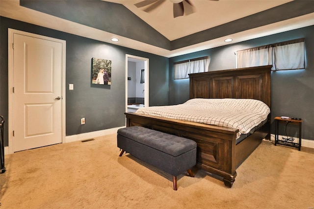 bedroom featuring recessed lighting, visible vents, light carpet, baseboards, and lofted ceiling
