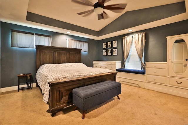 bedroom with recessed lighting, carpet flooring, a ceiling fan, baseboards, and lofted ceiling
