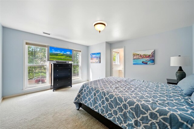 bedroom with carpet floors, visible vents, and baseboards