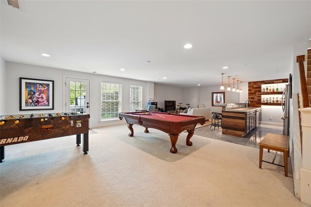 rec room with recessed lighting, billiards, visible vents, light colored carpet, and indoor wet bar