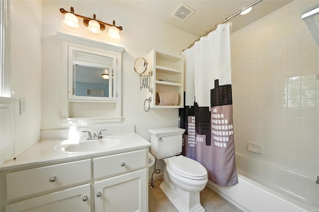 full bath with toilet, visible vents, shower / tub combo, tile patterned flooring, and vanity
