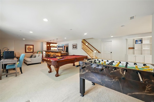 rec room featuring a dry bar, carpet flooring, visible vents, recessed lighting, and pool table