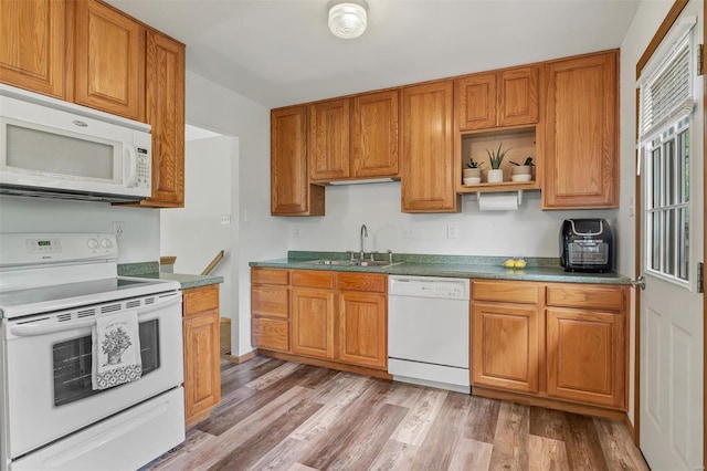 kitchen with white appliances, brown cabinetry, a sink, and light wood-style floors