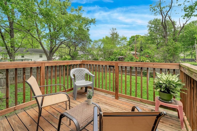 wooden terrace featuring a yard and a fenced backyard