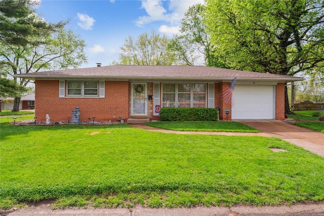 ranch-style house featuring brick siding, a front lawn, driveway, and an attached garage