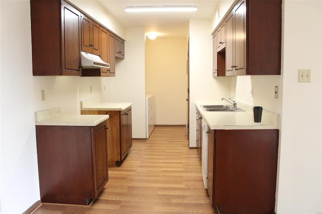 kitchen featuring washing machine and dryer, light wood-style floors, baseboards, under cabinet range hood, and a sink