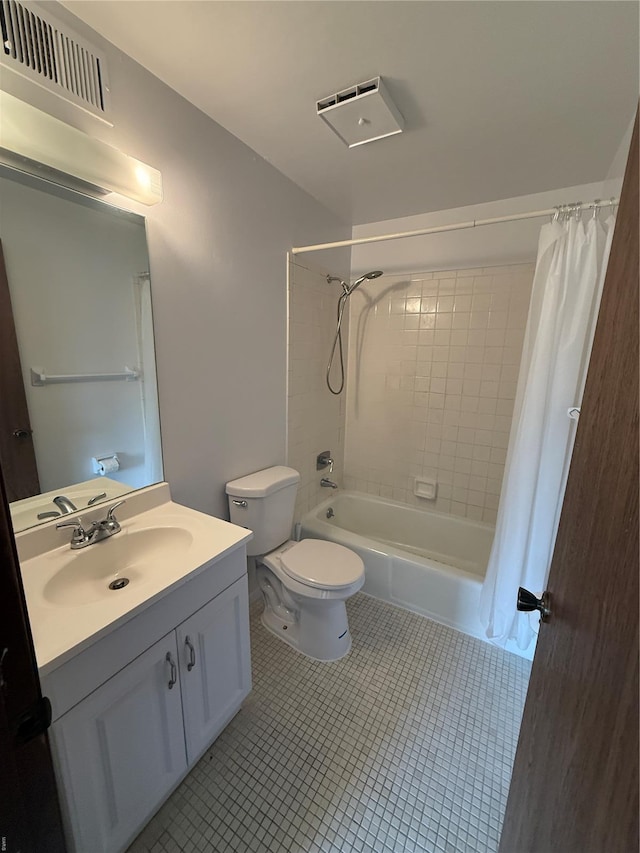 full bath featuring visible vents, tile patterned flooring, vanity, toilet, and shower / bath combo