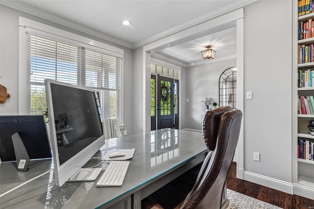 office featuring baseboards, crown molding, wood finished floors, and recessed lighting