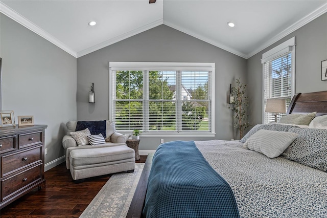bedroom with recessed lighting, vaulted ceiling, ornamental molding, dark wood-type flooring, and baseboards