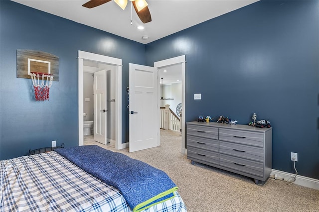 bedroom with a ceiling fan, baseboards, recessed lighting, and light colored carpet