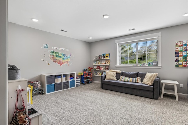 rec room featuring carpet flooring, visible vents, and recessed lighting