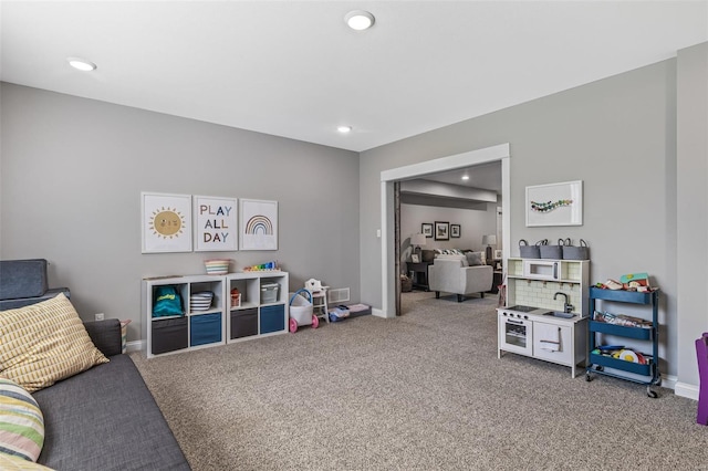 rec room with recessed lighting, carpet floors, and baseboards