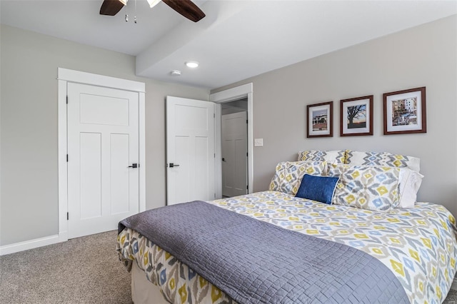 bedroom featuring baseboards, recessed lighting, a ceiling fan, and carpet