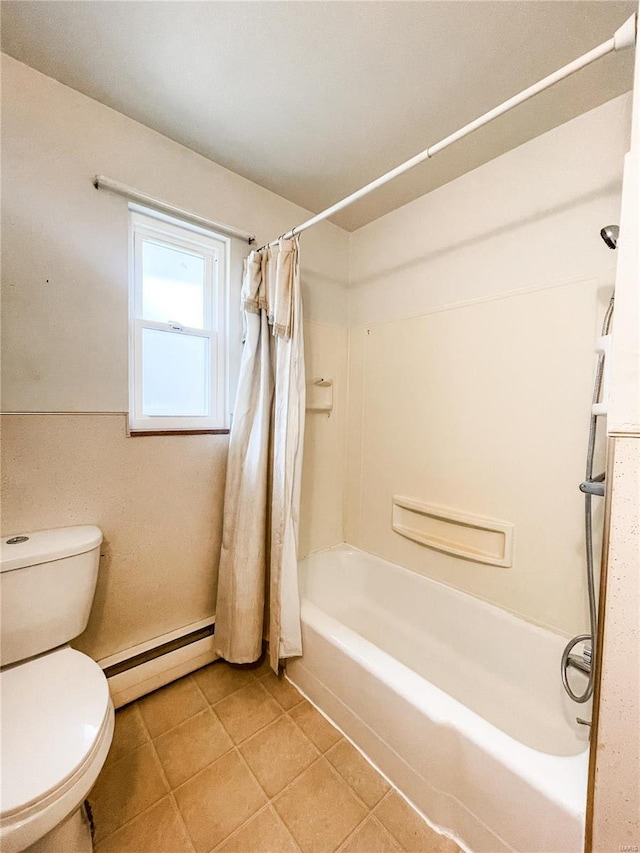full bath featuring a baseboard heating unit, shower / bath combination with curtain, tile patterned flooring, and toilet