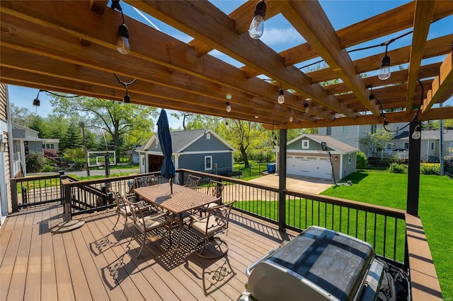 wooden terrace with a residential view, an outbuilding, a yard, a pergola, and outdoor dining space