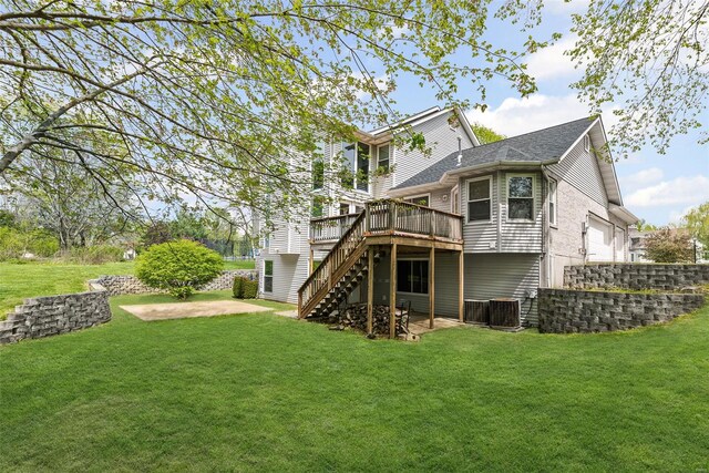 back of property with central AC, stairway, a patio area, a lawn, and a deck