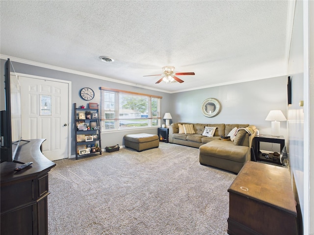 carpeted living area with a ceiling fan, crown molding, a textured ceiling, and visible vents
