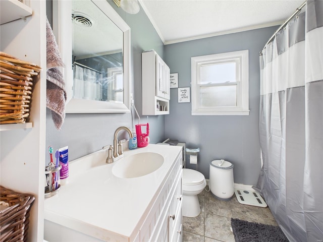 bathroom featuring vanity, toilet, ornamental molding, a shower with shower curtain, and visible vents