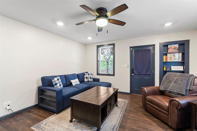 living area with a ceiling fan, baseboards, recessed lighting, and wood finished floors