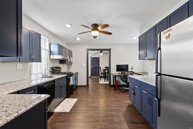 kitchen with dark wood-style flooring, light stone countertops, a ceiling fan, recessed lighting, and black appliances