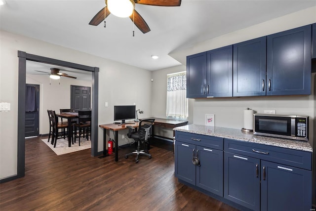 office area with recessed lighting, dark wood-style flooring, and ceiling fan