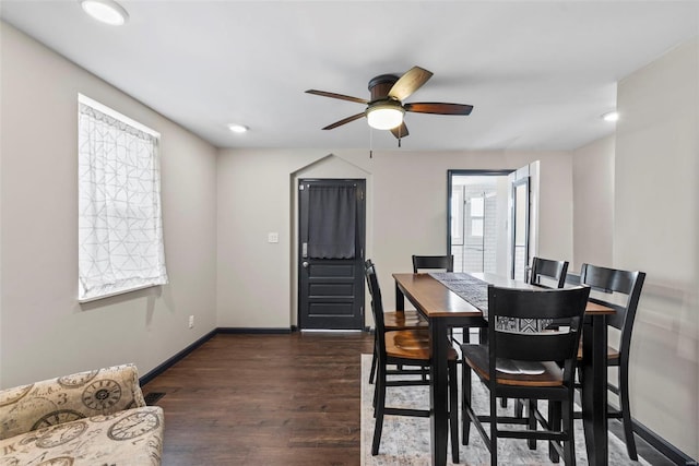 dining space featuring recessed lighting, baseboards, ceiling fan, and dark wood-style flooring