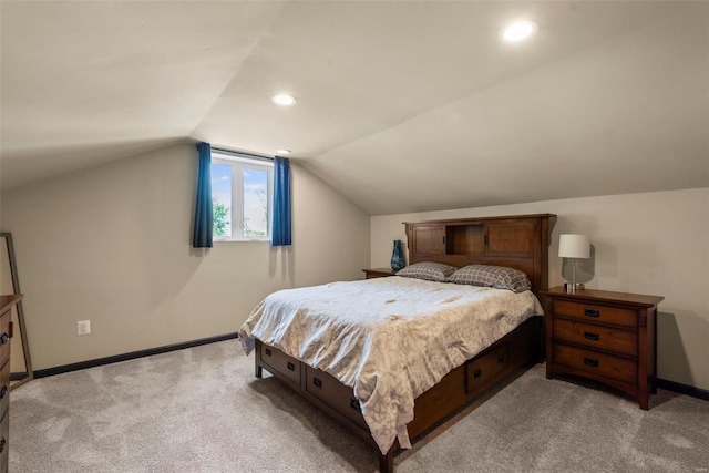 bedroom featuring recessed lighting, baseboards, light carpet, and lofted ceiling