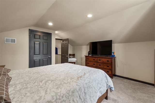 bedroom featuring visible vents, light carpet, baseboards, recessed lighting, and vaulted ceiling