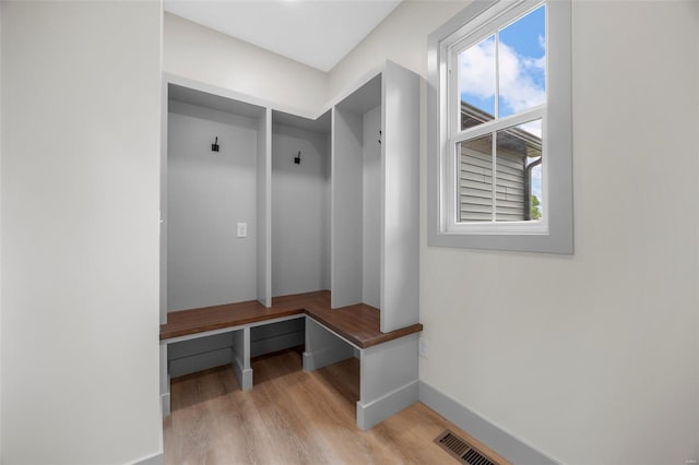 mudroom featuring baseboards, wood finished floors, and a healthy amount of sunlight