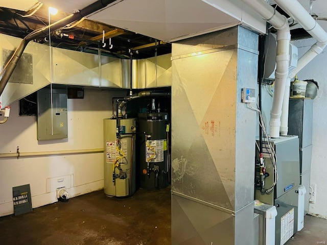 utility room with gas water heater and electric panel