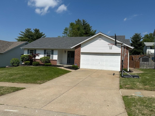 single story home with brick siding, a garage, driveway, and a front yard