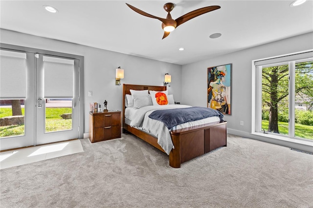carpeted bedroom with access to exterior, french doors, recessed lighting, and visible vents