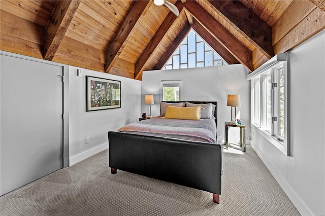 carpeted bedroom with beamed ceiling, wooden ceiling, baseboards, and high vaulted ceiling
