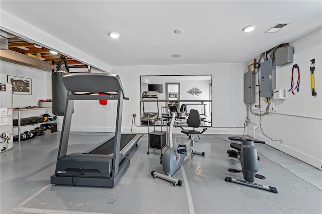 workout area with recessed lighting, visible vents, water heater, and electric panel