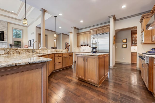 kitchen featuring a sink, ornamental molding, and dark wood-type flooring