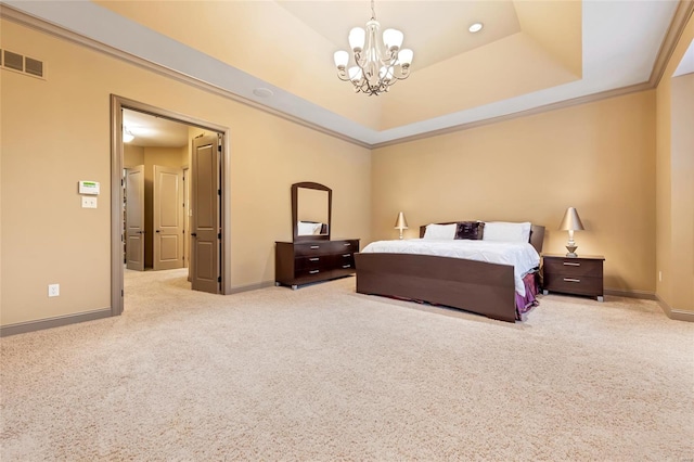 bedroom with visible vents, carpet, baseboards, and a notable chandelier