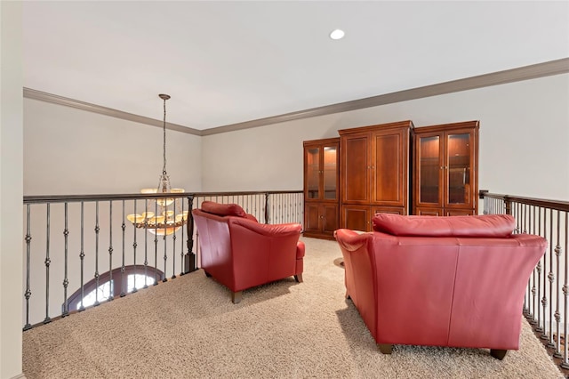 home theater with crown molding, recessed lighting, a chandelier, and light colored carpet