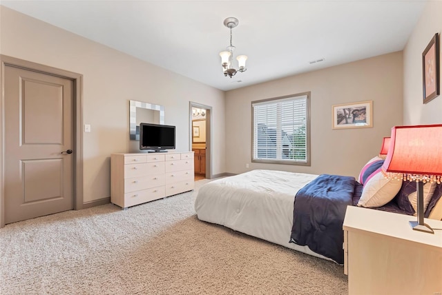 bedroom with light colored carpet, visible vents, and an inviting chandelier